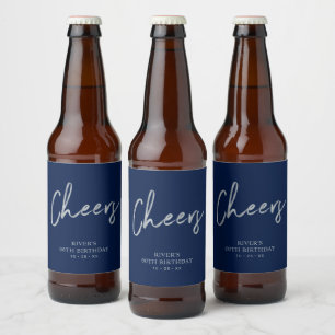 Silver & Blue Lettering Cheers Adult Birthday Beer Bottle Label