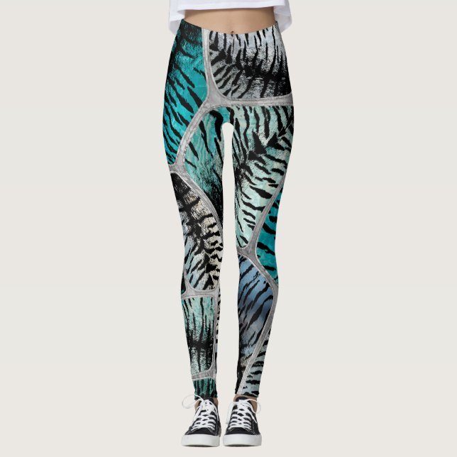 Silver Blue Marbles Tiger Faux Fur Cells Leggings (Front)