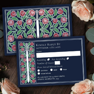 Silver Blue Mediaeval Floral Sword Wedding RSVP Card