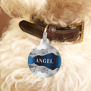 Silver blue metal agate marble name pet tag