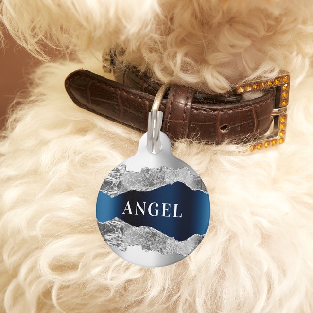 Silver blue metal agate marble name pet tag (Creator Uploaded)