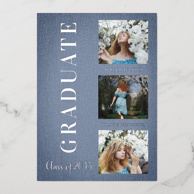 Silver Blue Modern 3 Photos Graduation Texture (Front)