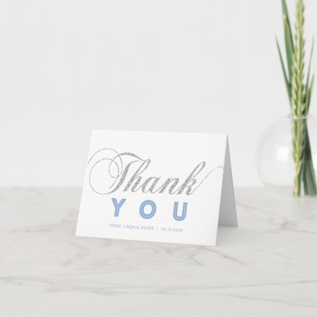 Silver & Blue | Modern Chic Party Thank You Note Card (Front)