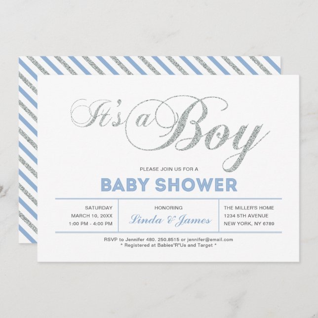 Silver, Blue | Modern Typography Boy Baby Shower Invitation (Front/Back)