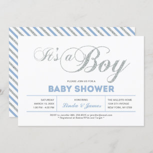 Silver, Blue   Modern Typography Boy Baby Shower Invitation