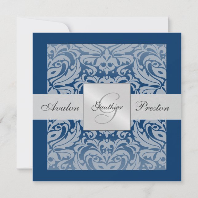 Silver & Blue Monogram Damask Border Invitation (Front)