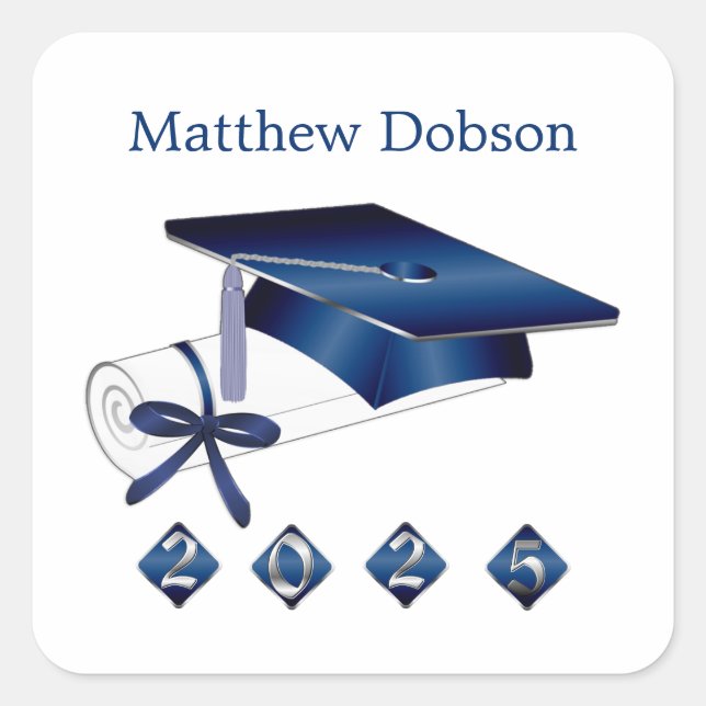 Silver Blue Mortar Diploma Graduation 2025 Square Square Sticker (Front)