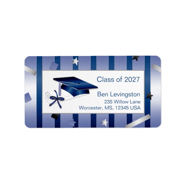 Silver blue mortar & diploma Graduation address Label (Front)