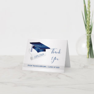 Silver blue mortar, diploma graduation Thank you Card