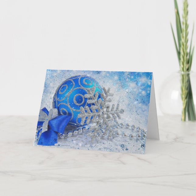Silver blue ornaments holiday card (Front)