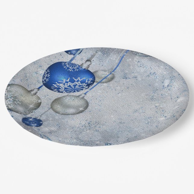 Silver blue ornaments paper plate (Angled)