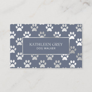 Silver Blue Paw Print Pattern Pet Groomer Business Card