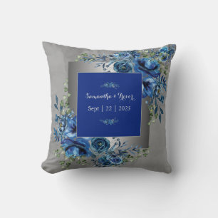 Silver & Blue Petal Symphony Throw Pillow