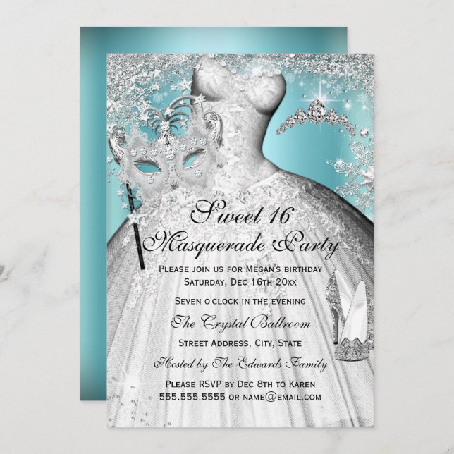 Silver Blue Princess Masquerade Sweet 16 Invite (Front/Back)