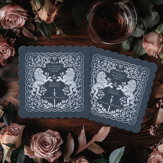 Silver Blue Royal Lion Mediaeval Sword Wedding Paper Coaster (Creator Uploaded)