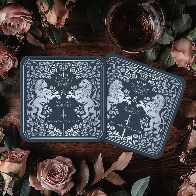Silver Blue Royal Lion Mediaeval Sword Wedding Square Paper Coaster (Creator Uploaded)
