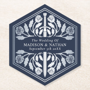 Silver Blue Royal Mediaeval Sword Wedding Paper Coaster