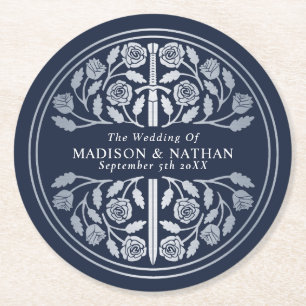 Silver Blue Royal Mediaeval Sword Wedding Round Paper Coaster