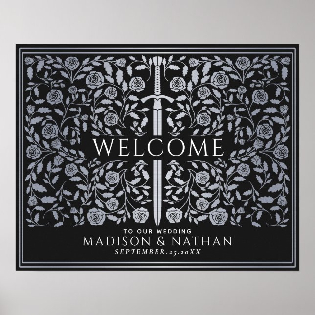 Silver Blue Royal Mediaeval Sword Wedding Welcome  Poster (Front)