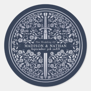 Silver Blue Royal Medieval Sword Wedding Classic Round Sticker
