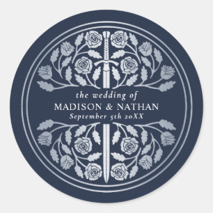 Silver Blue Royal Medieval Sword Wedding  Classic Round Sticker