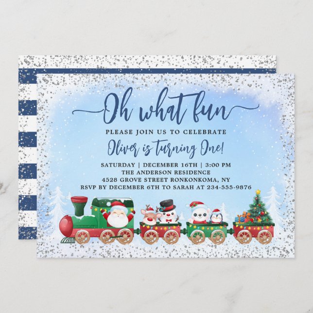 Silver Blue Santa Claus Christmas Kids Birthday Invitation (Front/Back)