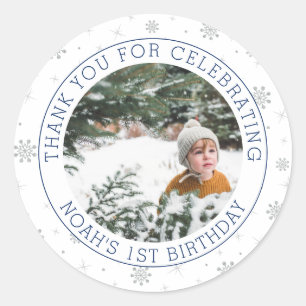 Silver & Blue Snowflake 1st Birthday Party Photo Classic Round Sticker