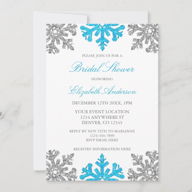 Silver Blue Snowflake Bridal Shower Invitation (Front)