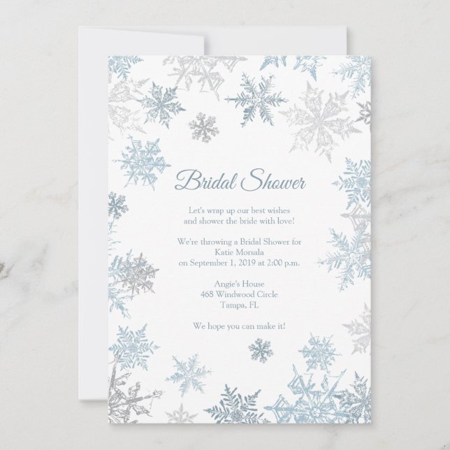 Silver Blue Snowflake Elegant Winter Bridal Shower Invitation (Front)