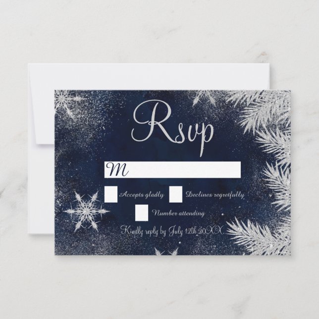 Silver blue snowflake wedding rsvp wonderland card (Front)