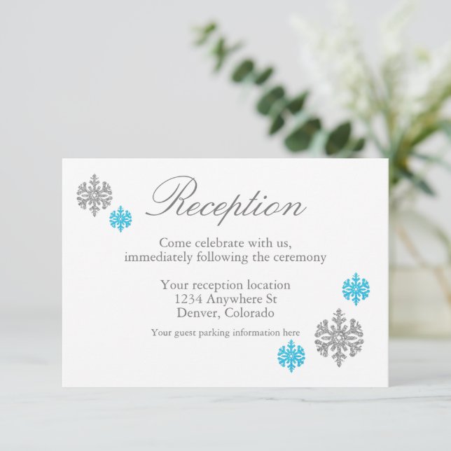 Silver Blue Snowflake Winter Reception Card (Standing Front)