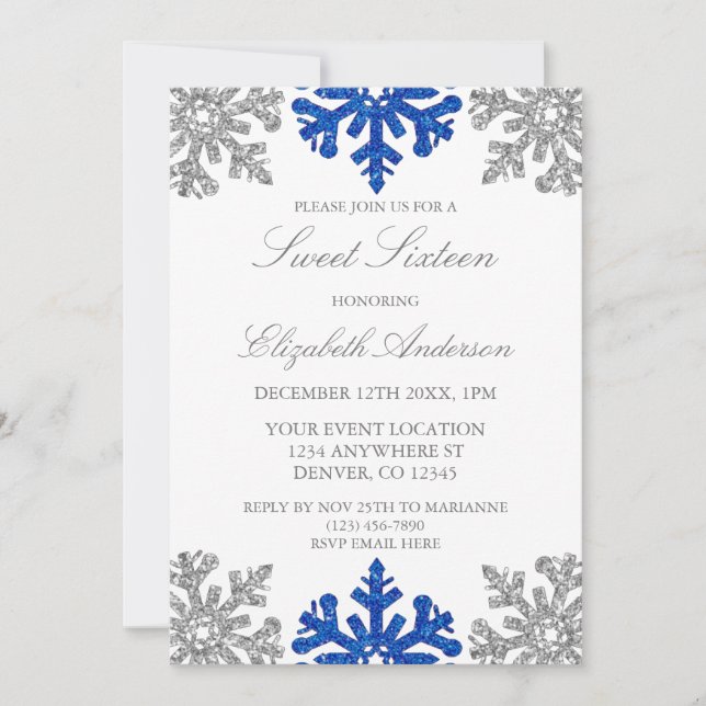 Silver Blue Snowflake Winter Sweet 16 Invitation (Front)