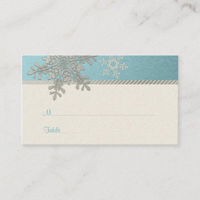 Silver Blue Snowflake Winter Wedding Place Cards (Front)