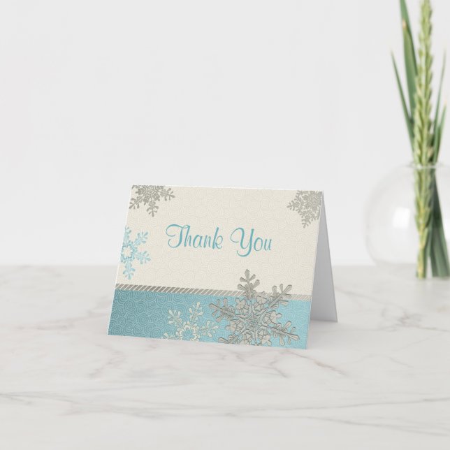 Silver Blue Snowflake Winter Wedding Thank You Card (Front)