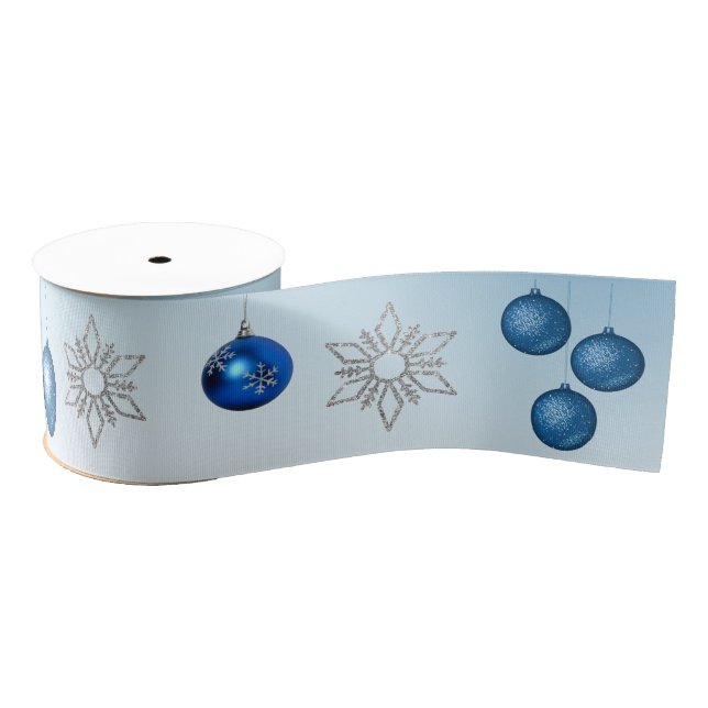 Silver & blue snowflakes and ornaments Christmas Grosgrain Ribbon (Spool)