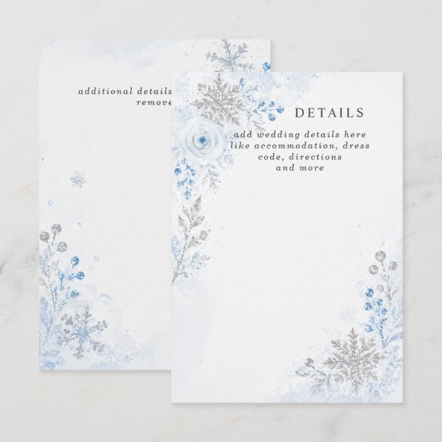 Silver Blue Snowflakes Floral Winter Wedding Enclosure Card (Front/Back)