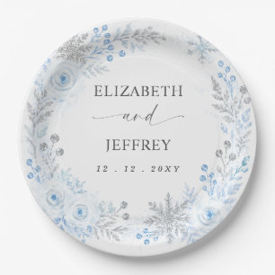 Silver Blue Snowflakes Floral Winter Wedding Paper Plate