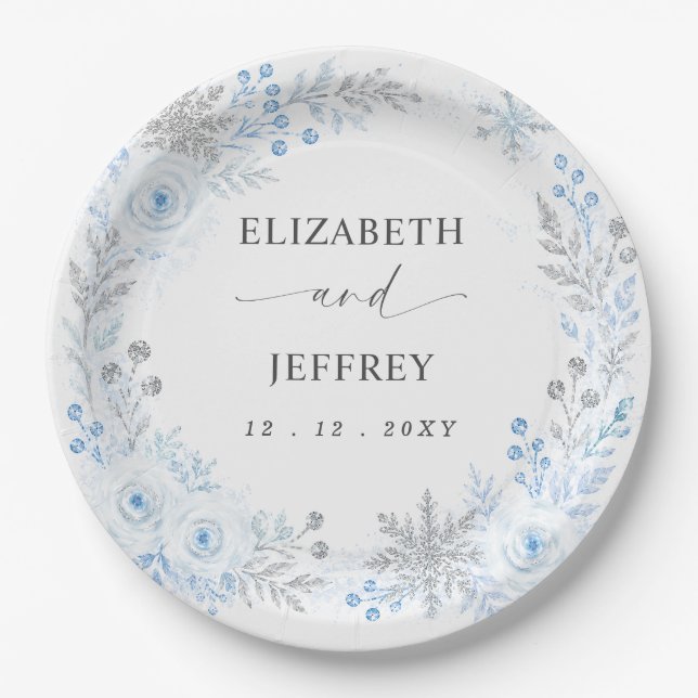 Silver Blue Snowflakes Floral Winter Wedding Paper Plate (Front)