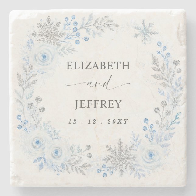 Silver Blue Snowflakes Floral Winter Wedding Stone Coaster (Front)