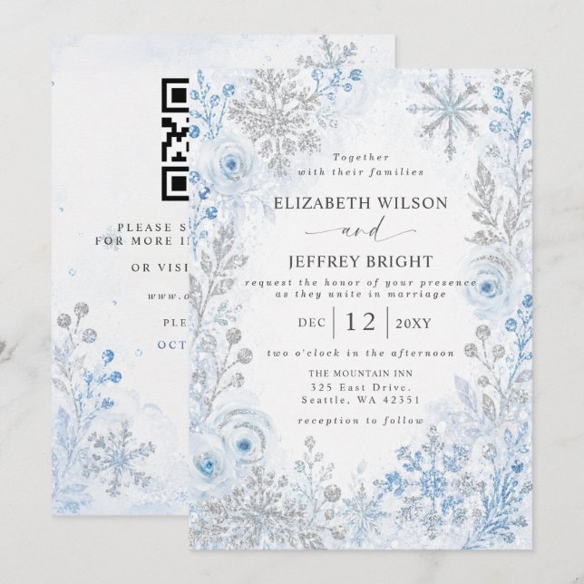 Silver Blue Snowflakes Winter QR Code Wedding Invitation (Front/Back)