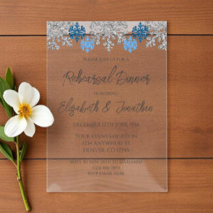 Silver Blue Snowflakes Winter Rehearsal Dinner Acrylic Invitations