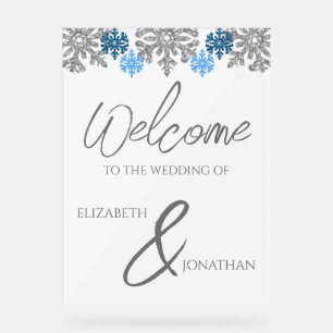 Silver Blue Snowflakes Winter Wedding Acrylic Sign