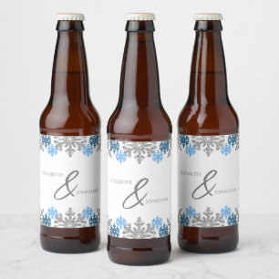 Silver Blue Snowflakes Winter Wedding Beer Bottle Label