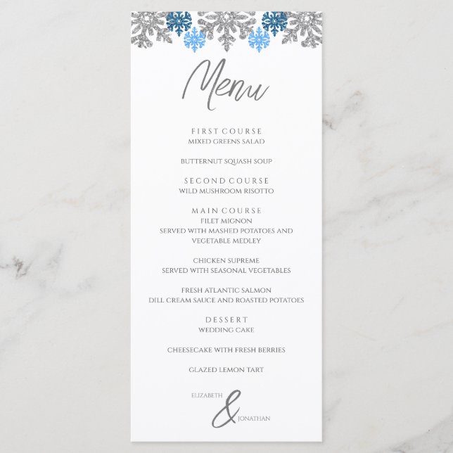 Silver Blue Snowflakes Winter Wedding Menu (Front)