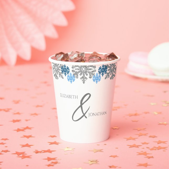 Silver Blue Snowflakes Winter Wedding Paper Cups (Insitu)