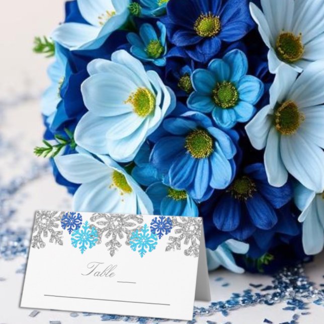 Silver Blue Snowflakes Winter Wedding Place Card (Creator Uploaded)