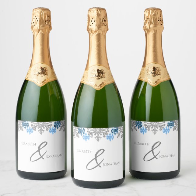 Silver Blue Snowflakes Winter Wedding Sparkling Wine Label (Bottles)