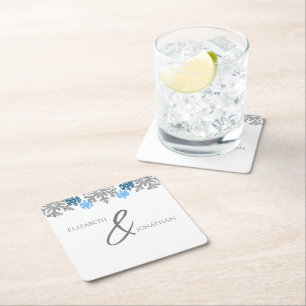 Silver Blue Snowflakes Winter Wedding Square Paper Coaster