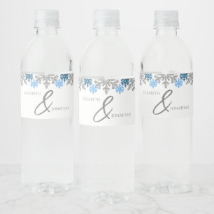 Silver Blue Snowflakes Winter Wedding Water Bottle Label