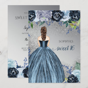 Silver Blue Sparkle Dress Sweet 16 birthday Invitation